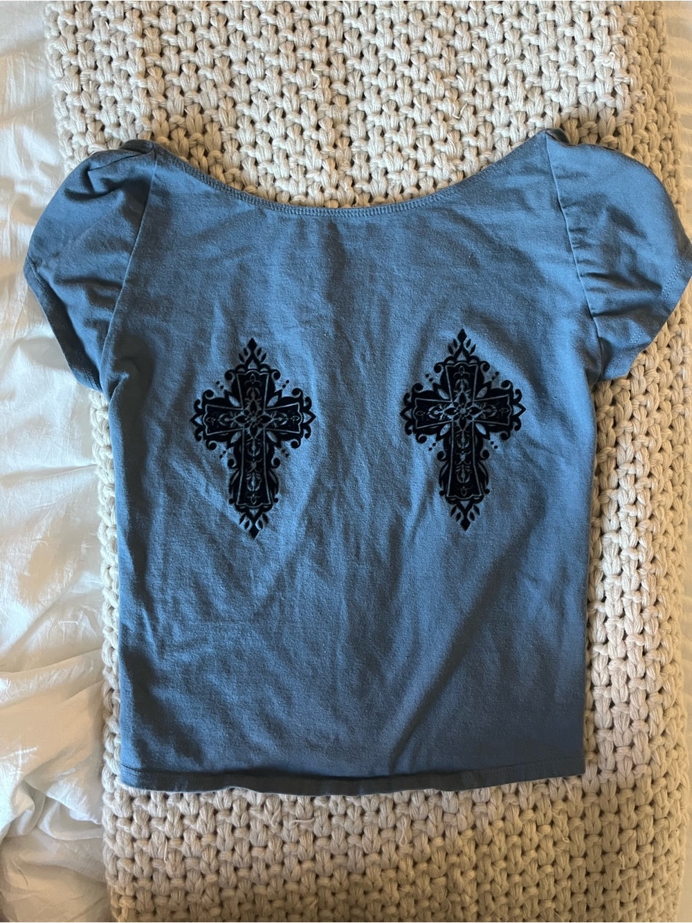 Urban Outfitters Blue Short Sleeve Tee with Black Ornate velvet Cross Prints